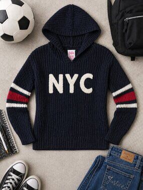 Justice NYC Knit Hooded Sweater Girls 14/16 Varsity Striped Navy New York City